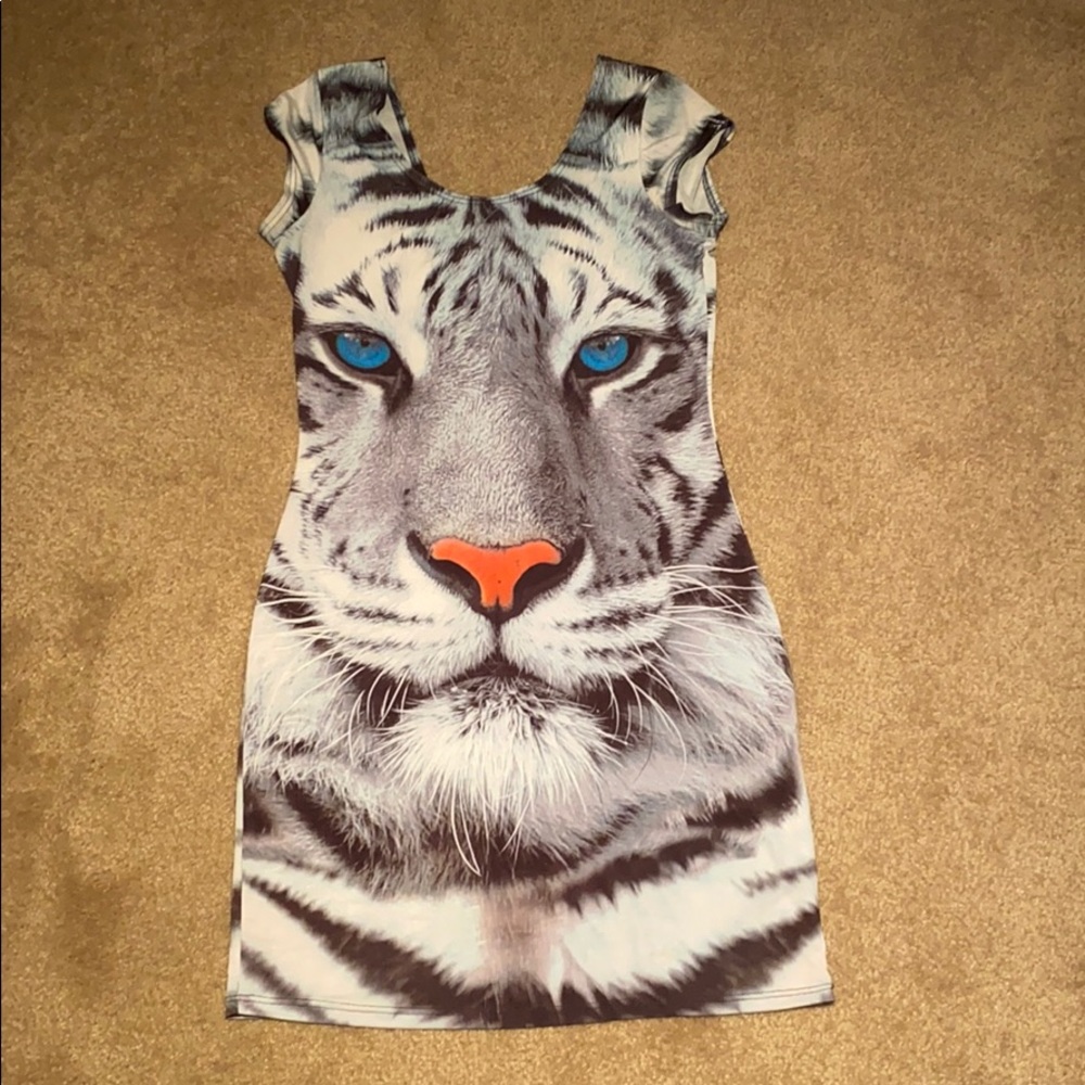 White Tiger Face Print BodyCon Dress (Medium)